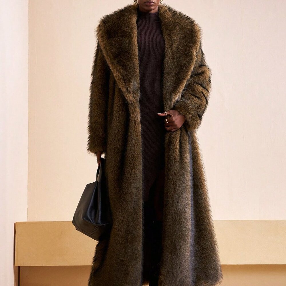 Brown Preppy Women's Fluffy Ombre Long Elegant Faux Fur Parka Coat - Picture 6 of 7